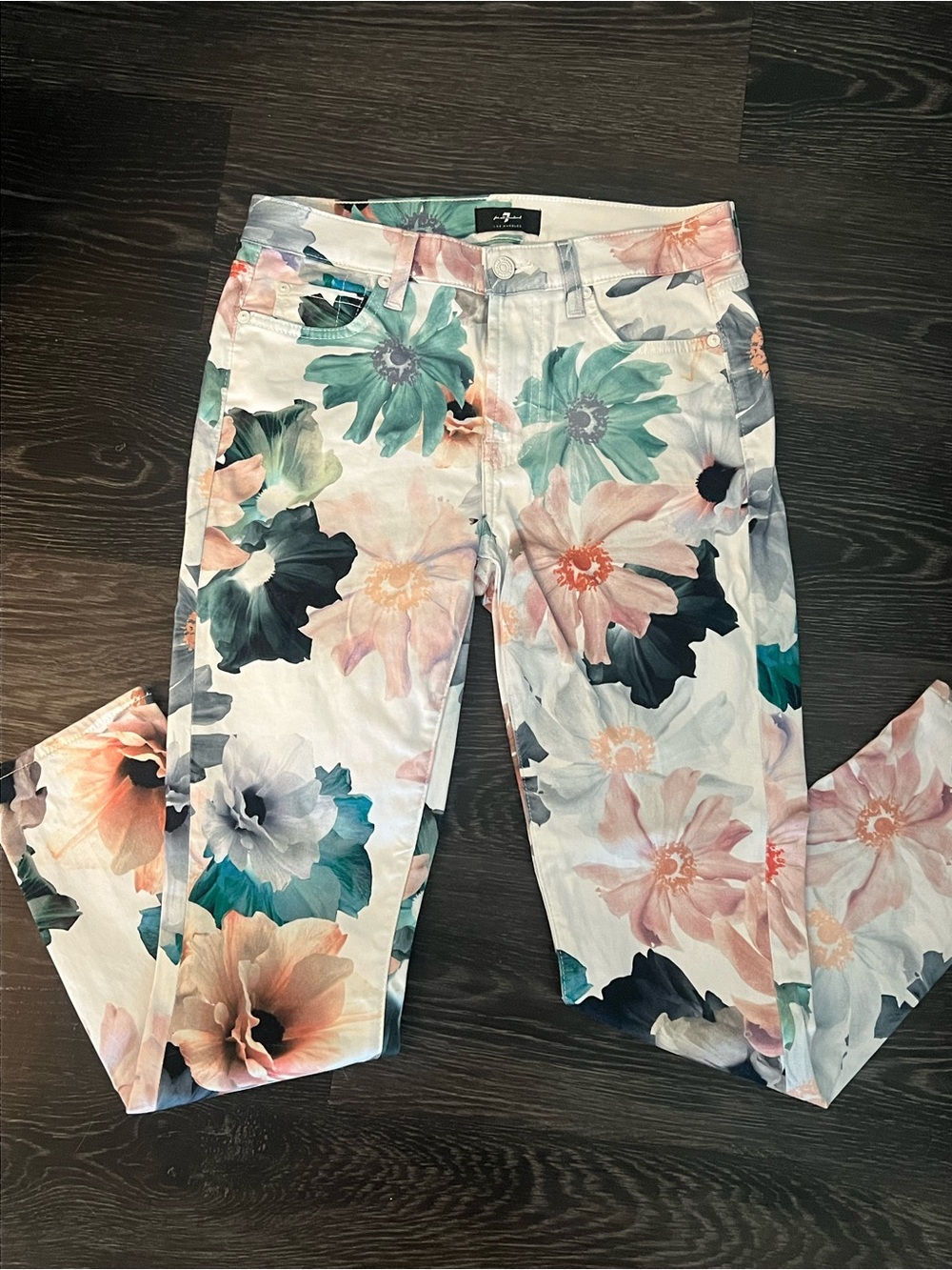 7 For All Mankind Floral Skinny Jeans - White, Pink, Green, Teal, Black